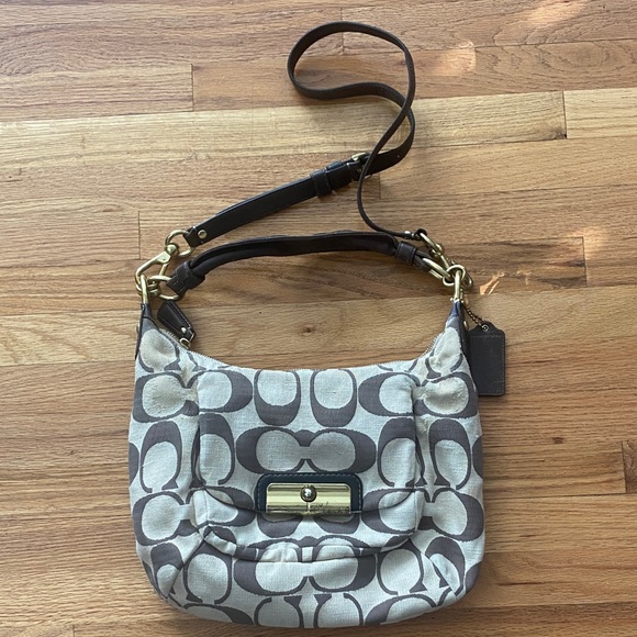 Coach Handbags - Authentic Coach Signature Hobo Shoulder Bag in Beige & Brown w/Light Blue Lining